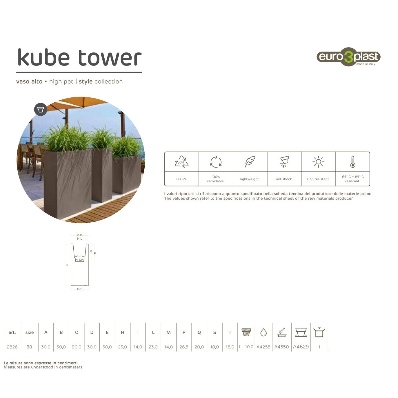 Vaso Kube Tower cm 30x30x90h - vari colori
